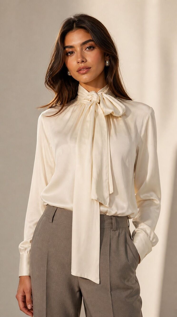 Rodebjer Rorie cupro vegan silk Tie Neck Blouse Cream Bow Blouse Quiet Luxury Mi
